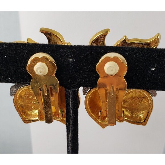 Vintage 1990's AVON Large Gold Silver Tone Acorn Leaves Clip on Earrings - Picture 6 of 11